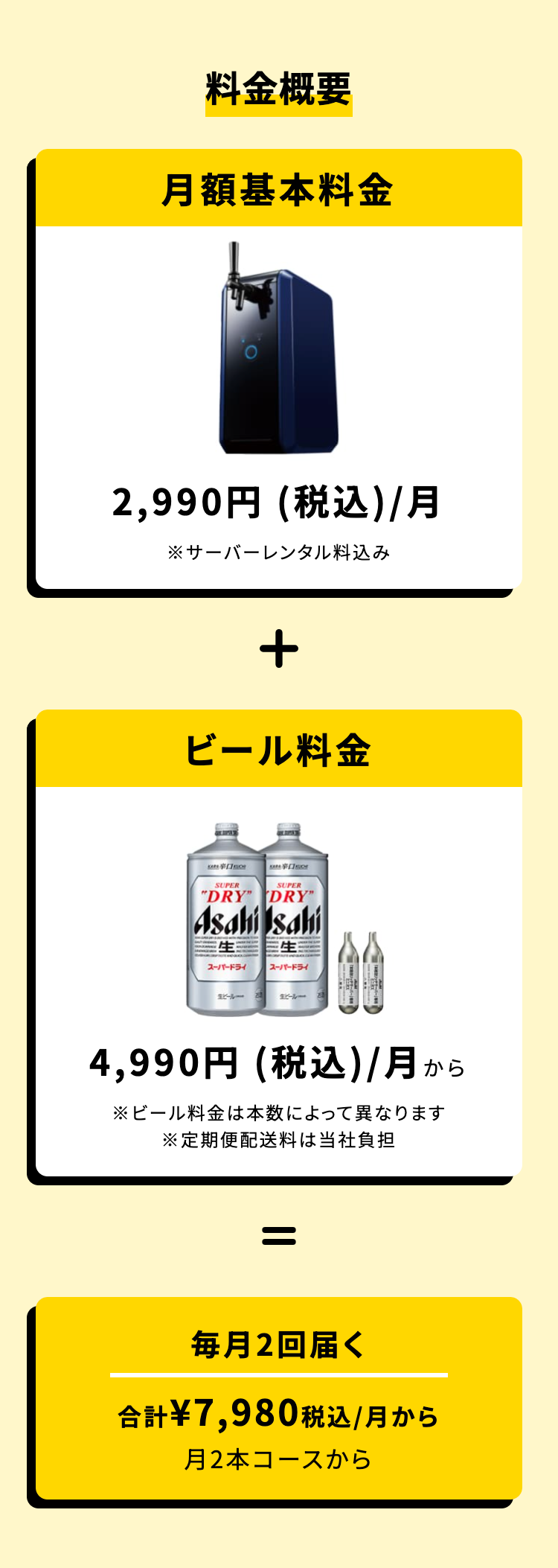 料金概要

月額基本料金
2,990円 (税込)/月
※サーバーレンタル料込み
+
ビール料金
4,990円 (税込)/ 月から
※ビール料金は本数によって異なります
※定期便配送料は当社負担
＝
毎月2回届く
合計 ¥7,980 税込/月から
月2本コースから