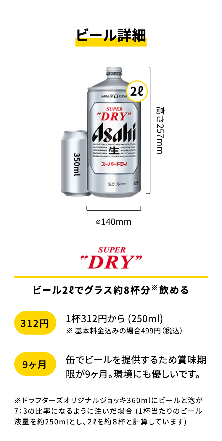 ビール詳細

2ℓ
高さ257mm
Ø140mm

SUPER"DRY"
ビール2ℓでグラス約8杯分※飲める
312円 1杯312円から (250ml)
※ 基本料金込みの場合499円 (税込)
9ヶ月 缶でビールを提供するため賞味期限が9ヶ月。環境にも優しいです。

※ドラフターズオリジナルジョッキ360mlにビールと泡が7:3の比率になるように注いだ場合 (1杯当たりのビール液量を約250mlとし、 2ℓを約8杯と計算しています)